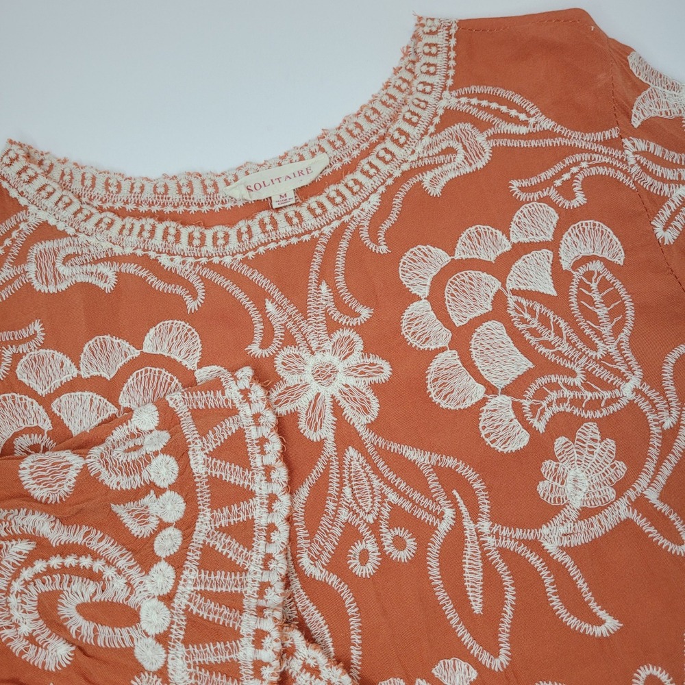 Solitaire Embroidered Blouse Womens Medium Orange Excellent 3/4 Sleeve Boho Top